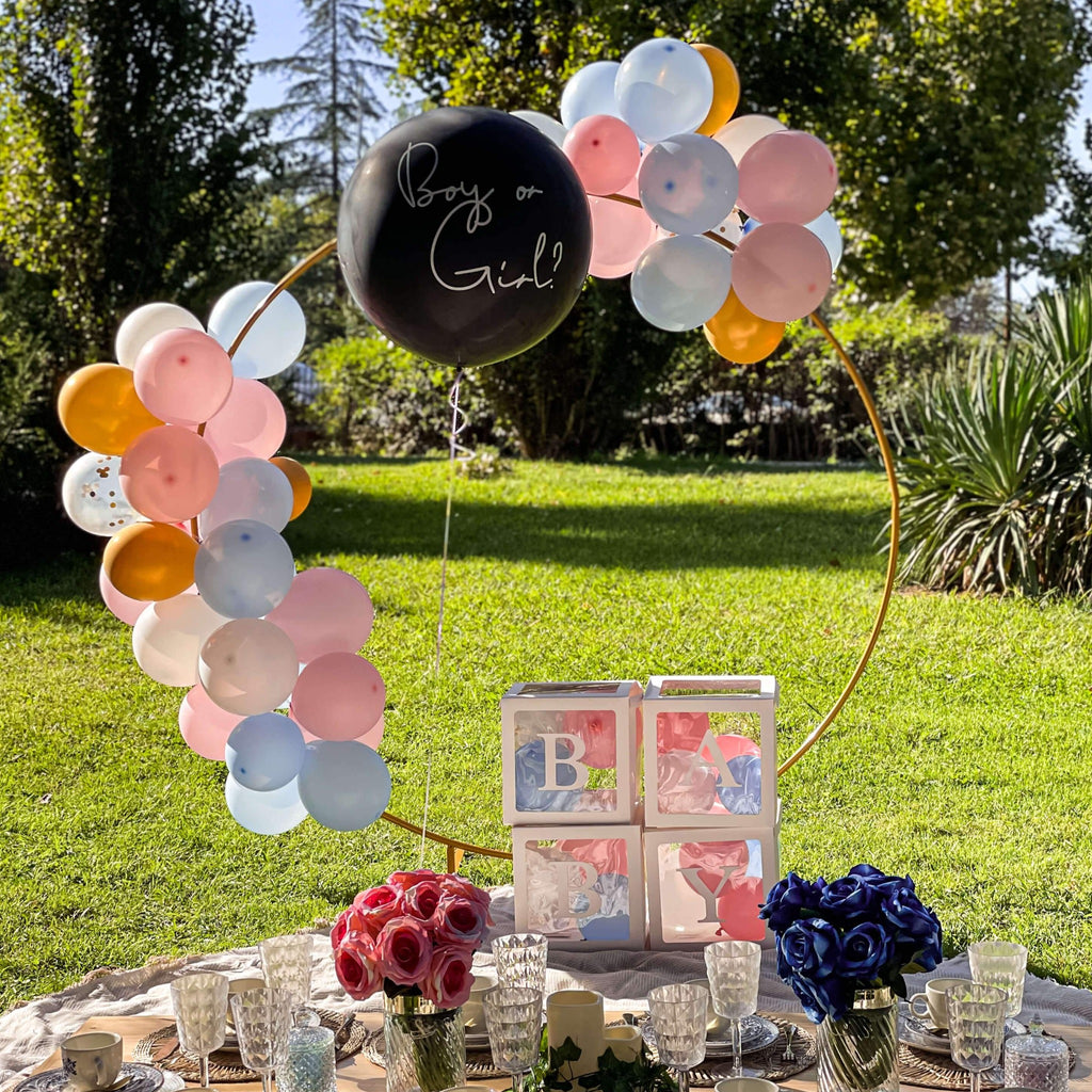 Arco de globos en tonos azules y rosas para fiesta revelacion de genero en eventos madrid picnic